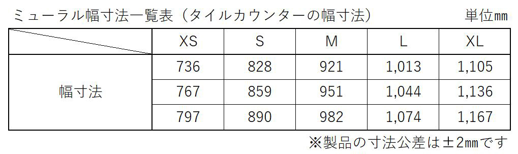 ミューラル幅寸法一覧表
